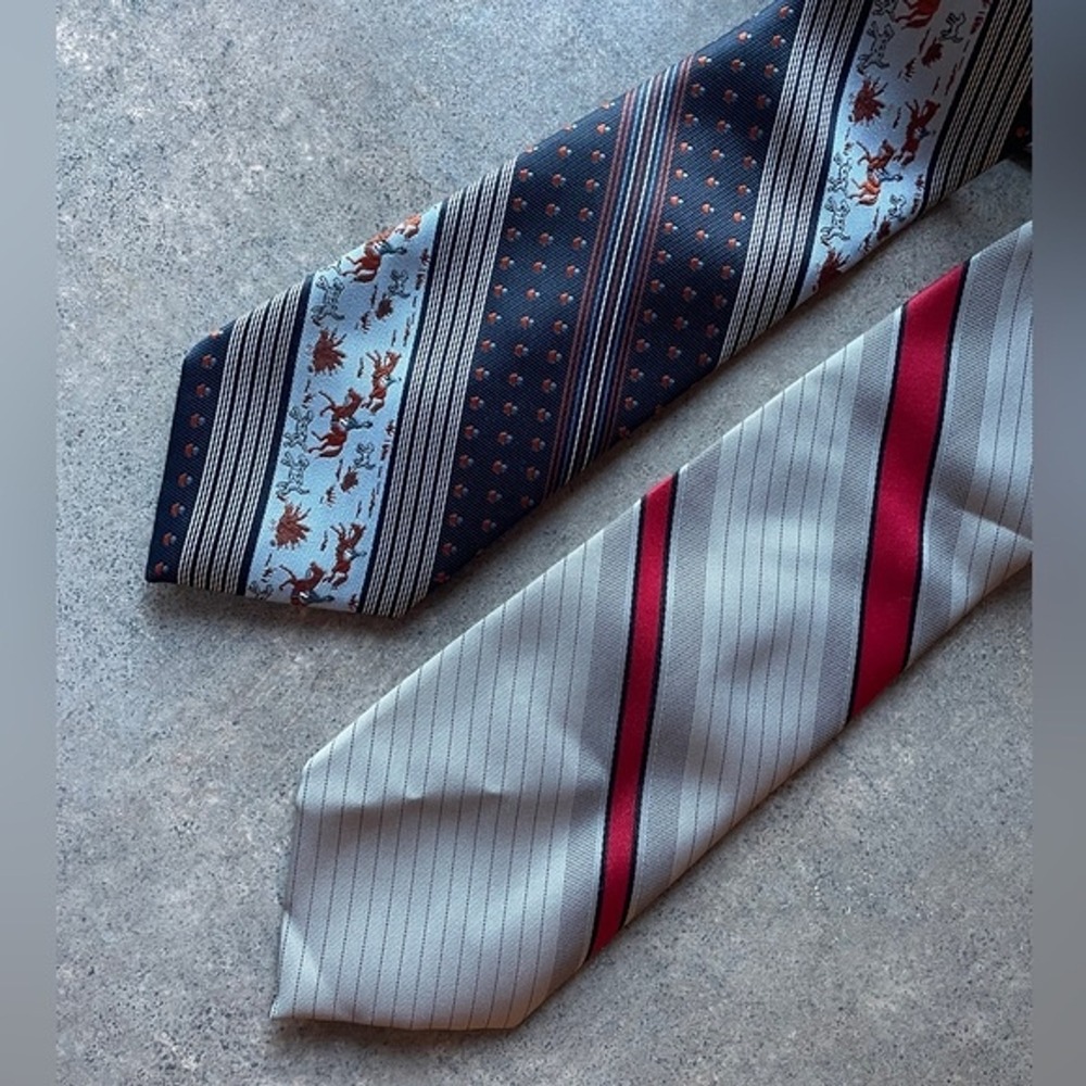 Vintage Ted Lapidus Paris Mens Tie Bundle Hunting Dog w Horses & Stripes